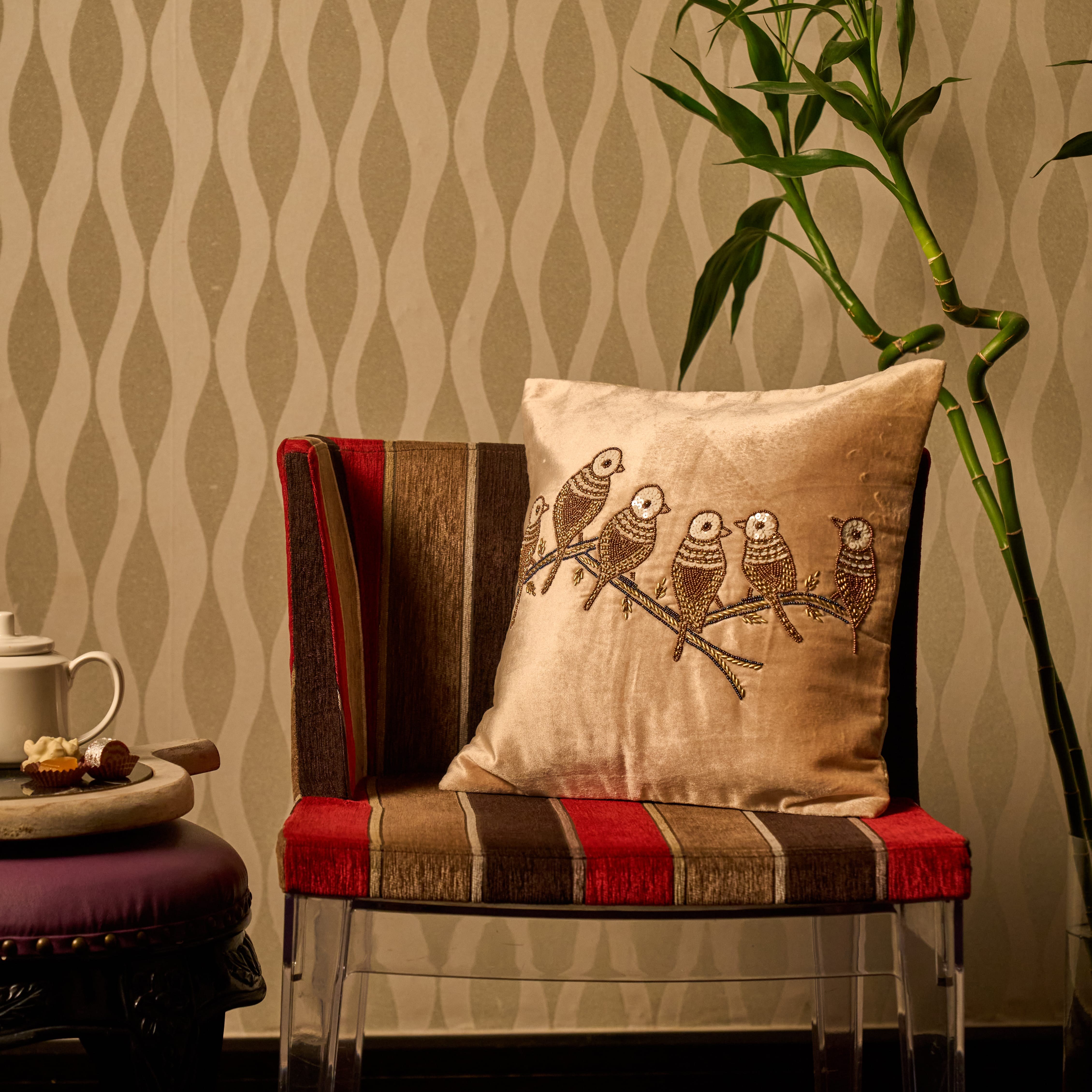 Avian Perch Hand-Embroidered Silk Beige Cushion