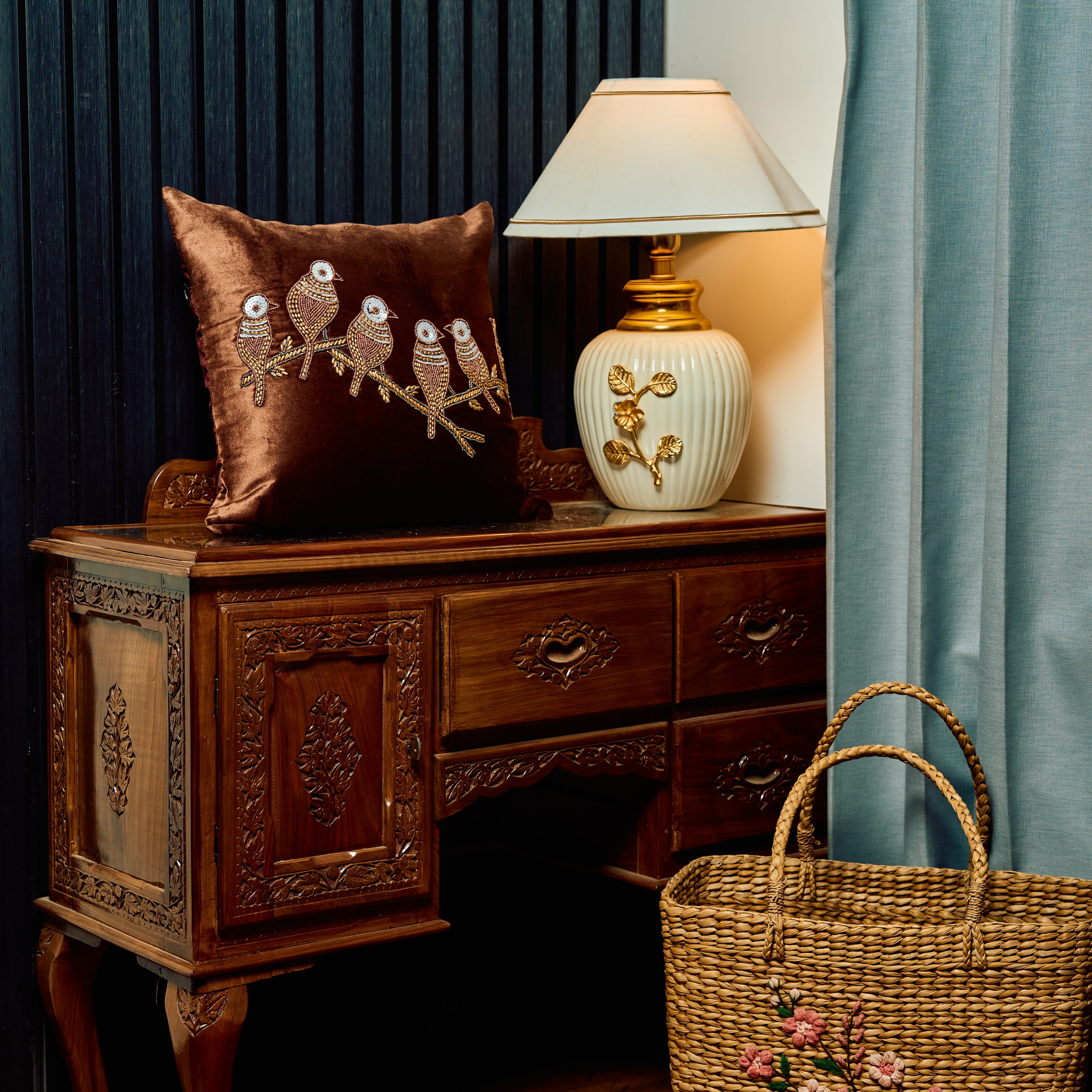 Avian Perch Hand-Embroidered Silk Brown Cushion