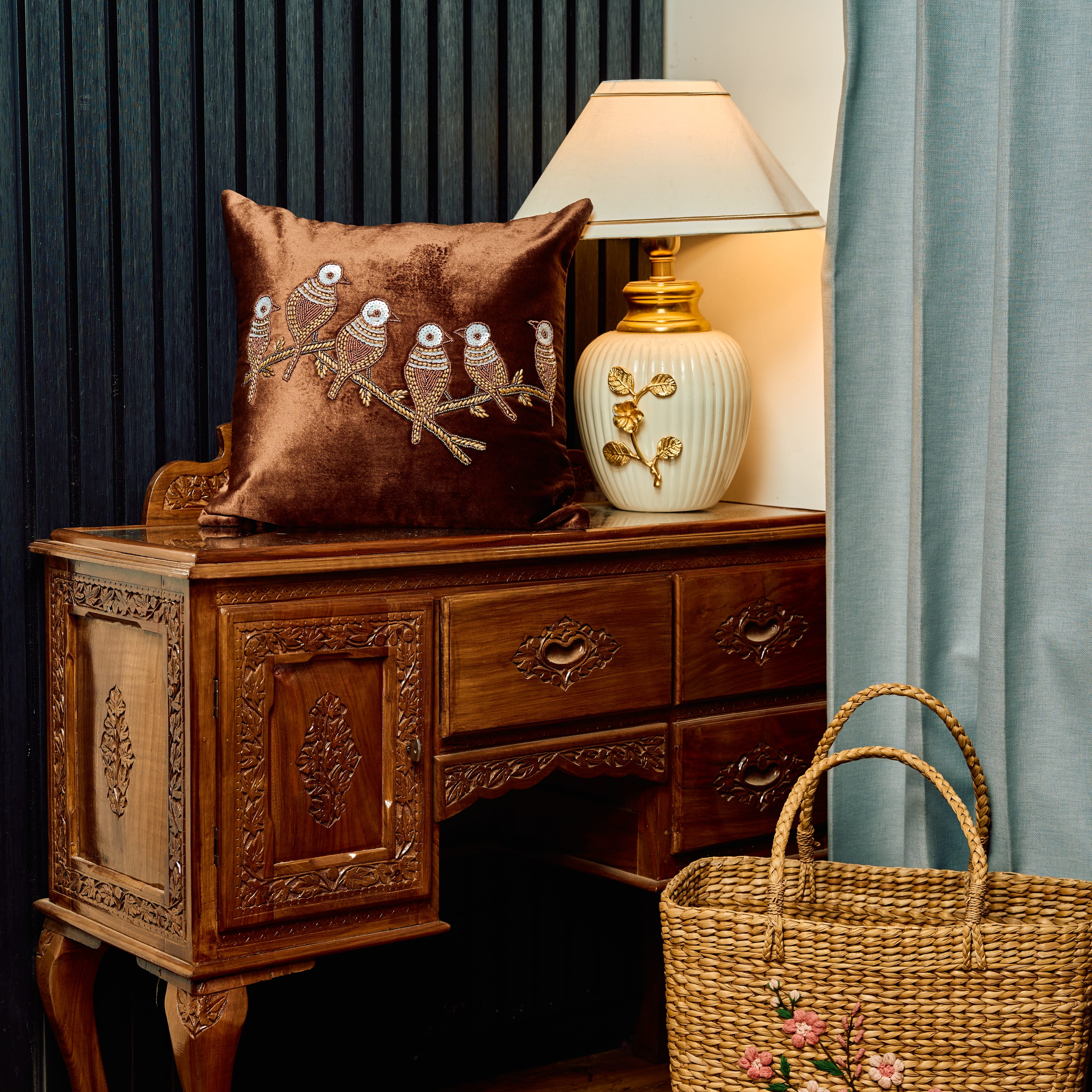  Avian Perch Hand-Embroidered Silk Brown Cushion
