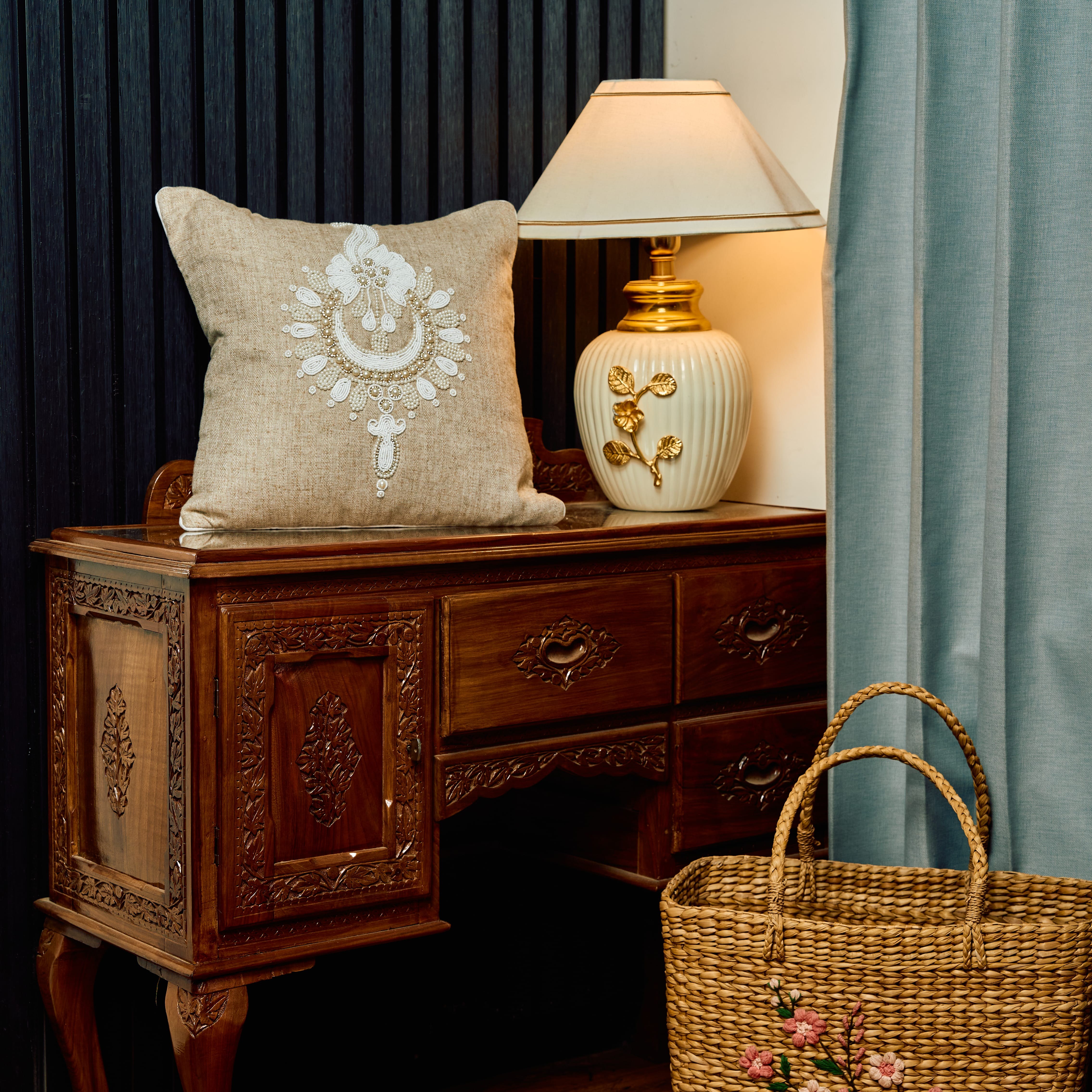 Blossom Elegance Pearl & Stone Cotton Cushion