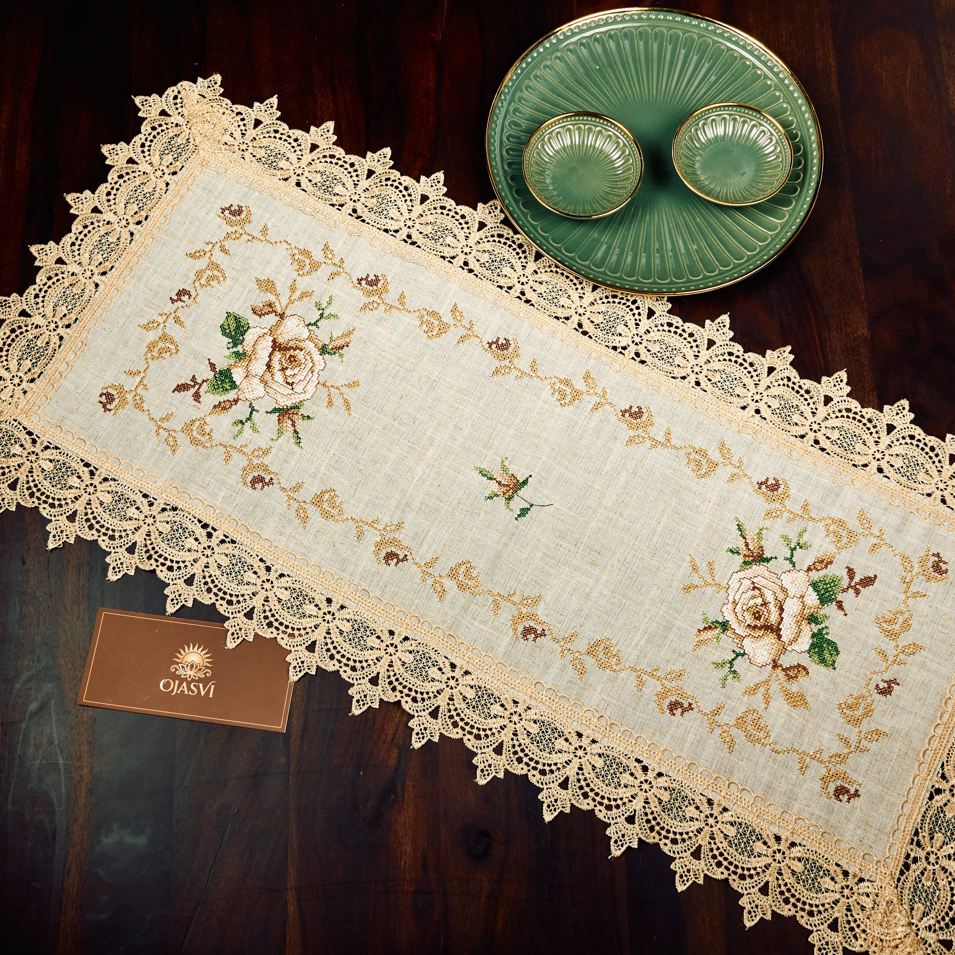 Brown Beige Cross Stiches Embroidered French Short Linee Runner