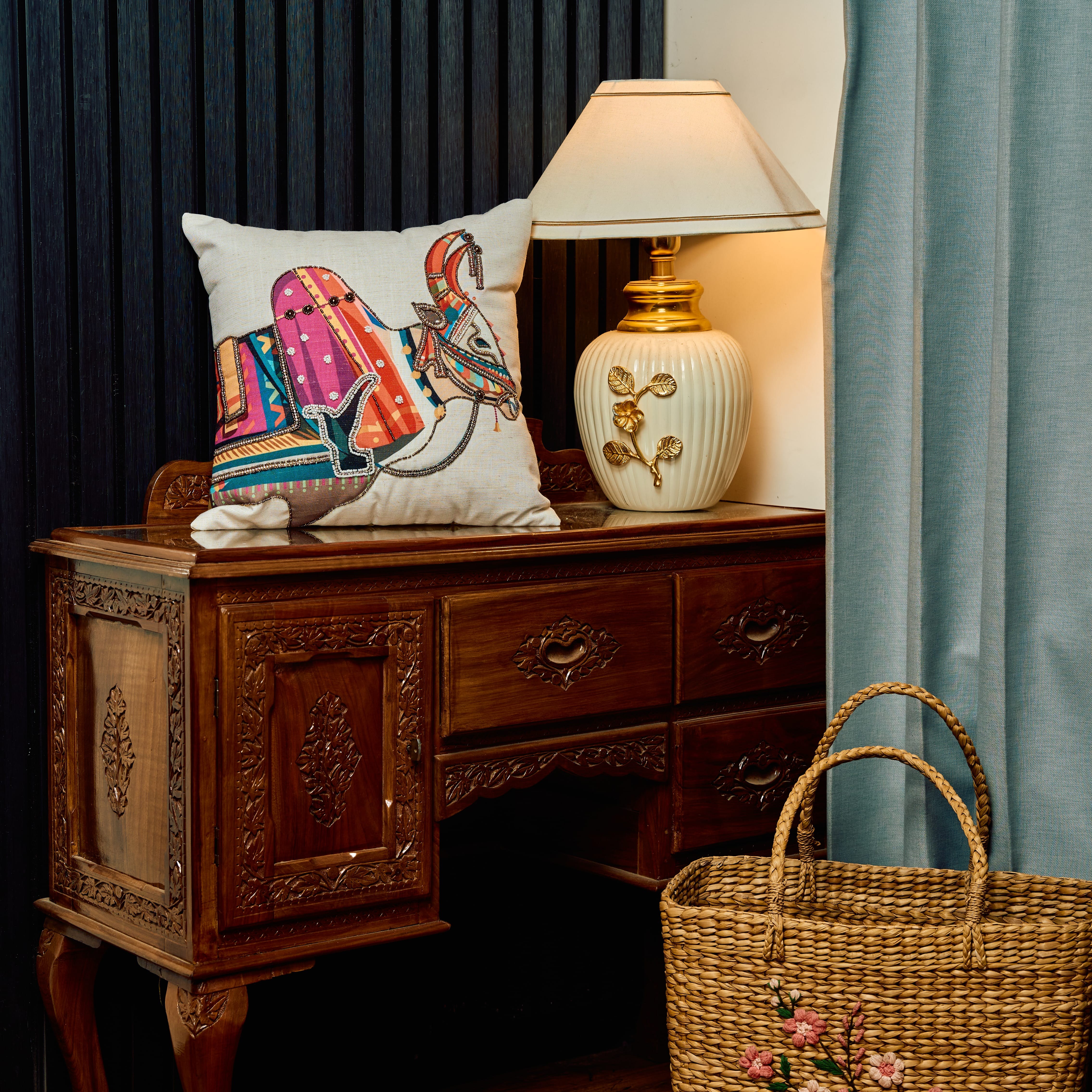Sacred Kamdhenu Antique Pearl & Stone Silk Cushion