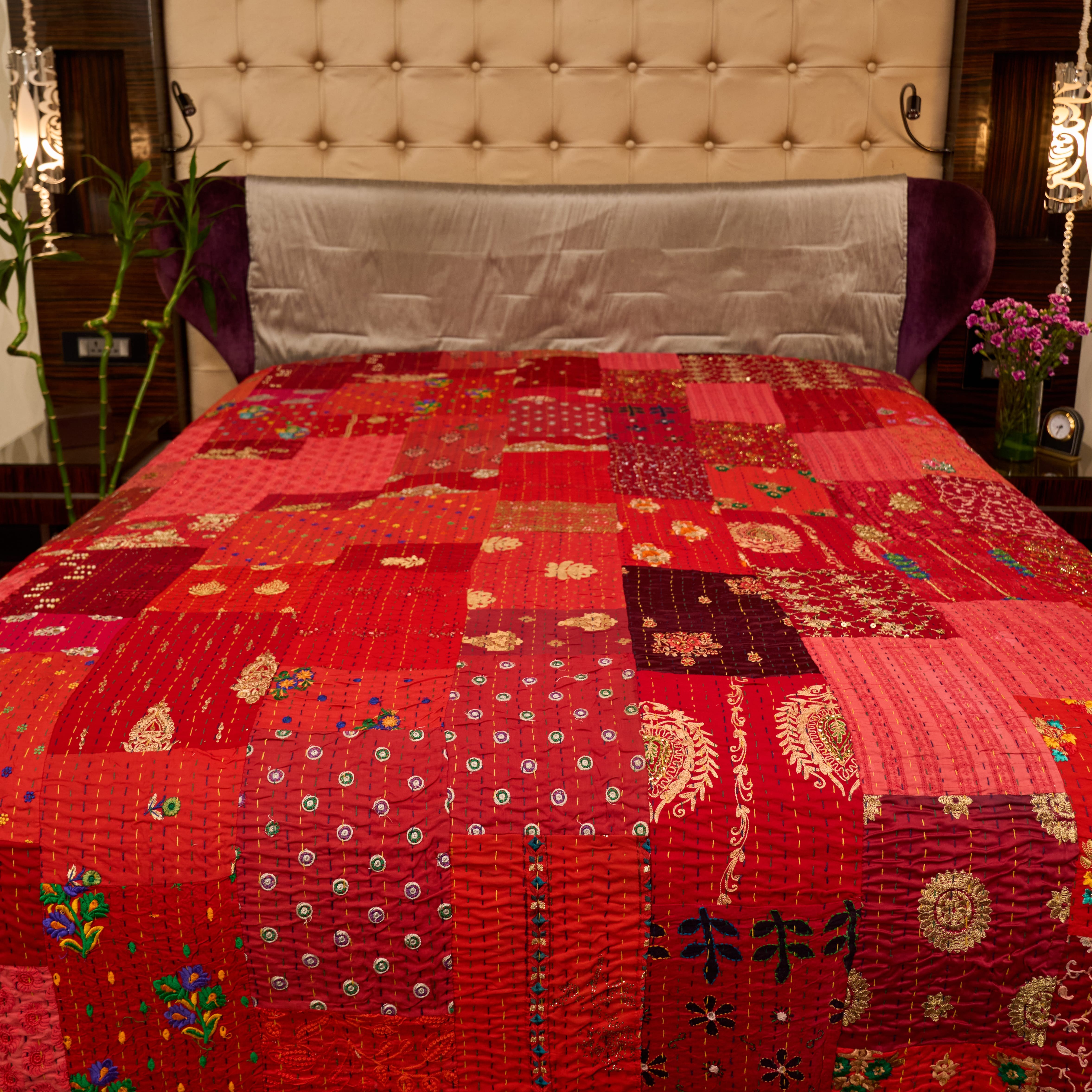 Maharaja Crimson Vintage Patchwork Silk Kantha Quilt