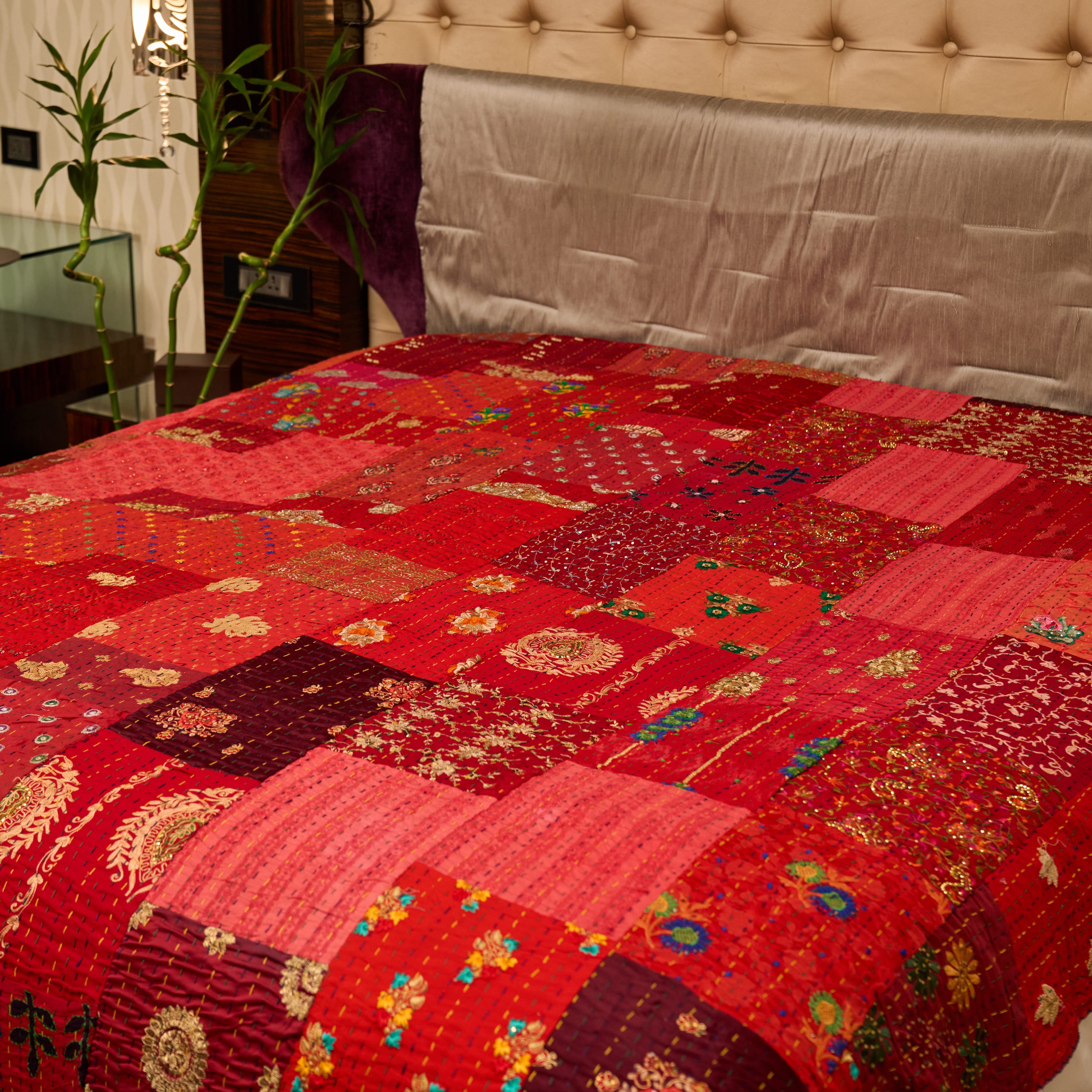 Maharaja Crimson Vintage Patchwork Silk Kantha Quilt