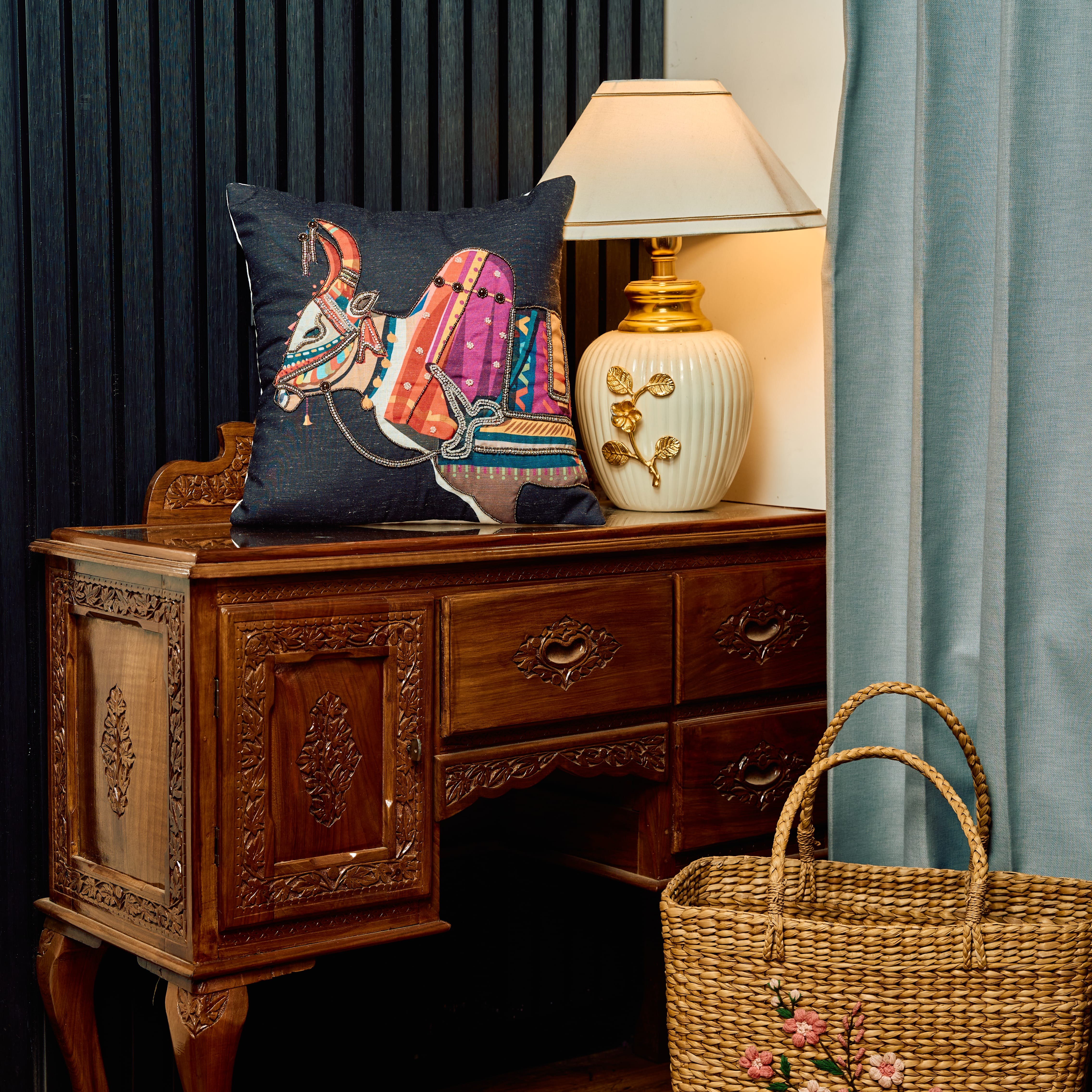 Midnight Kamdhenu Hand-Painted Silk Cushion