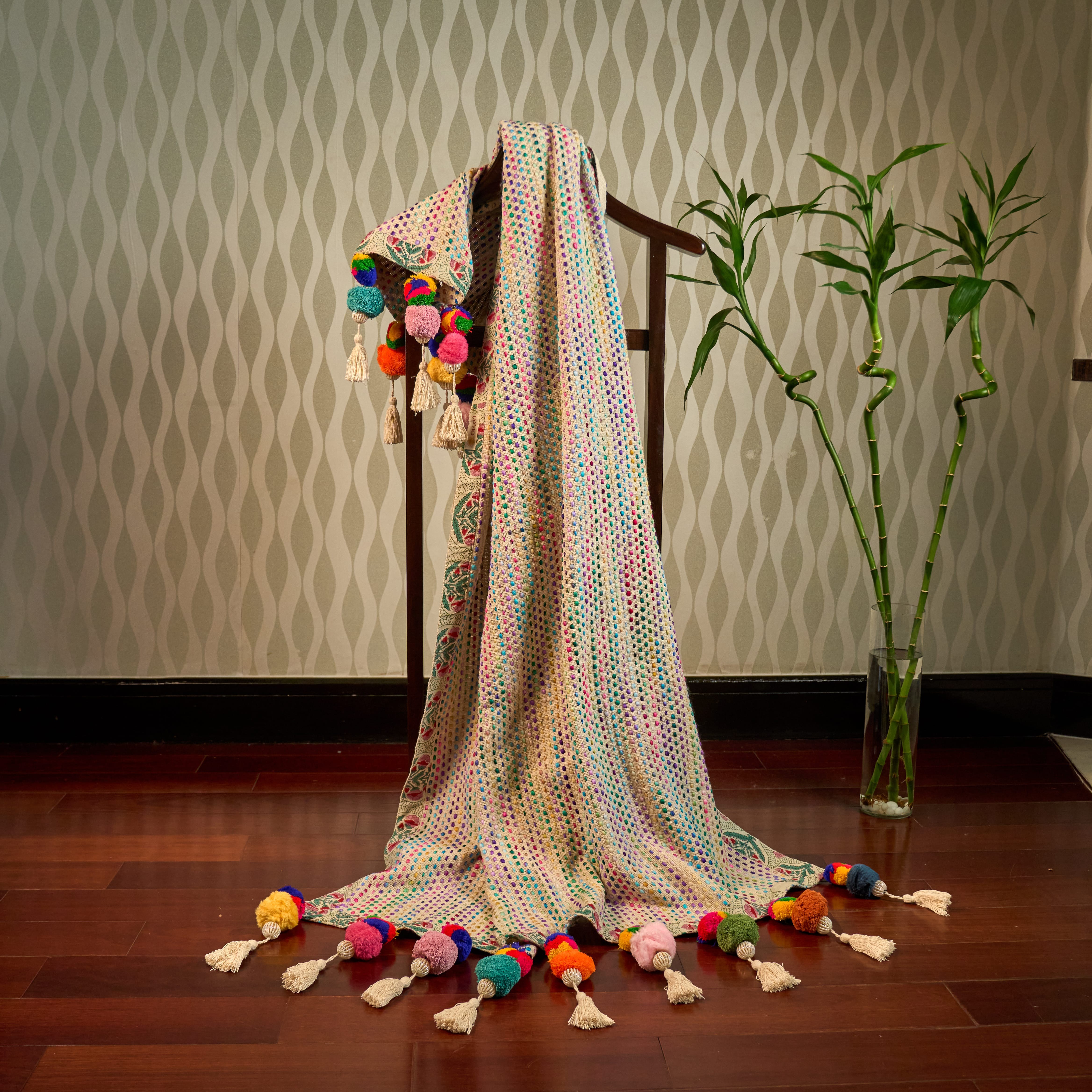 Rainbow Rhythm Hand-Embroidered Cotton Jute Throw