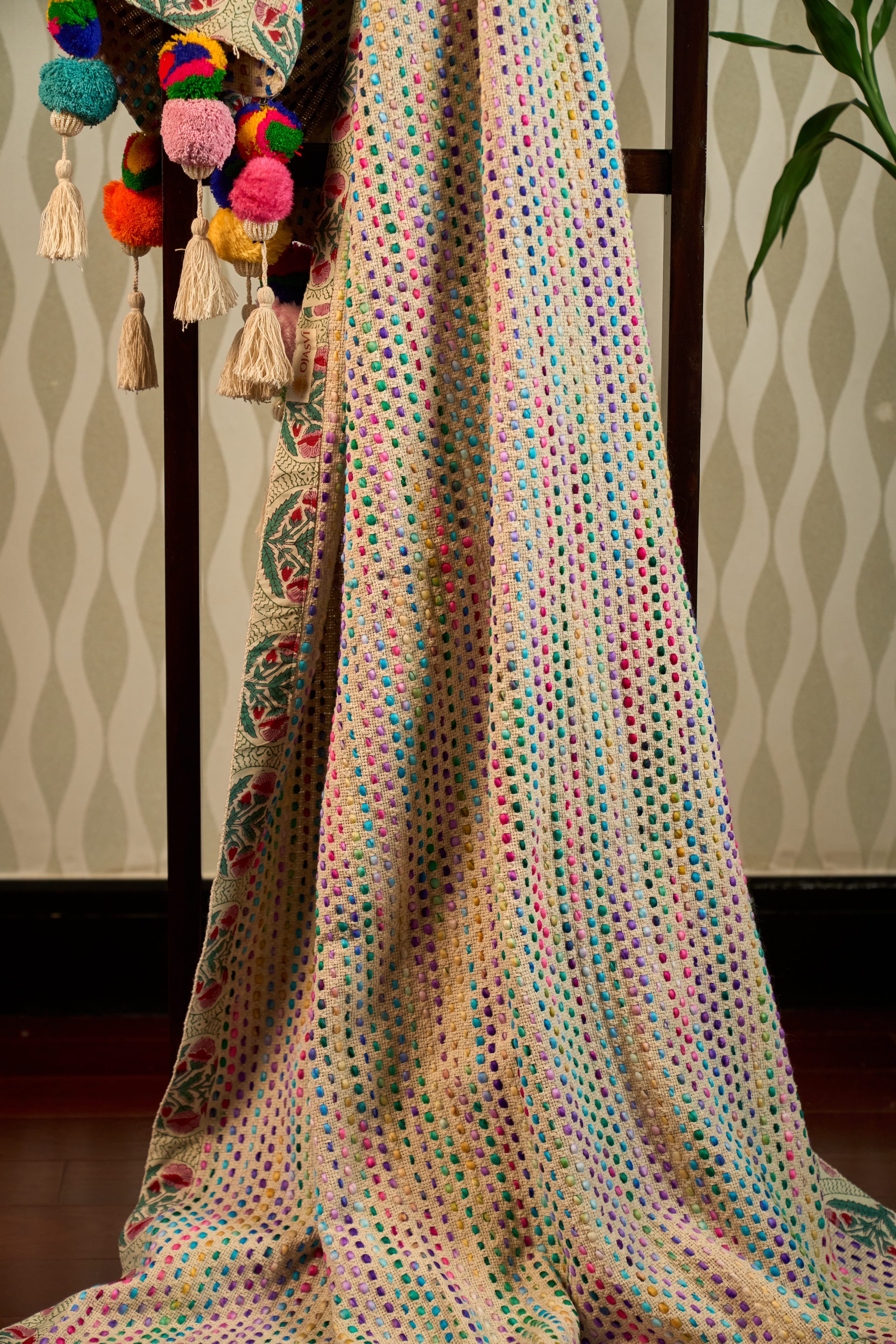 Rainbow Rhythm Hand-Embroidered Cotton Jute Throw
