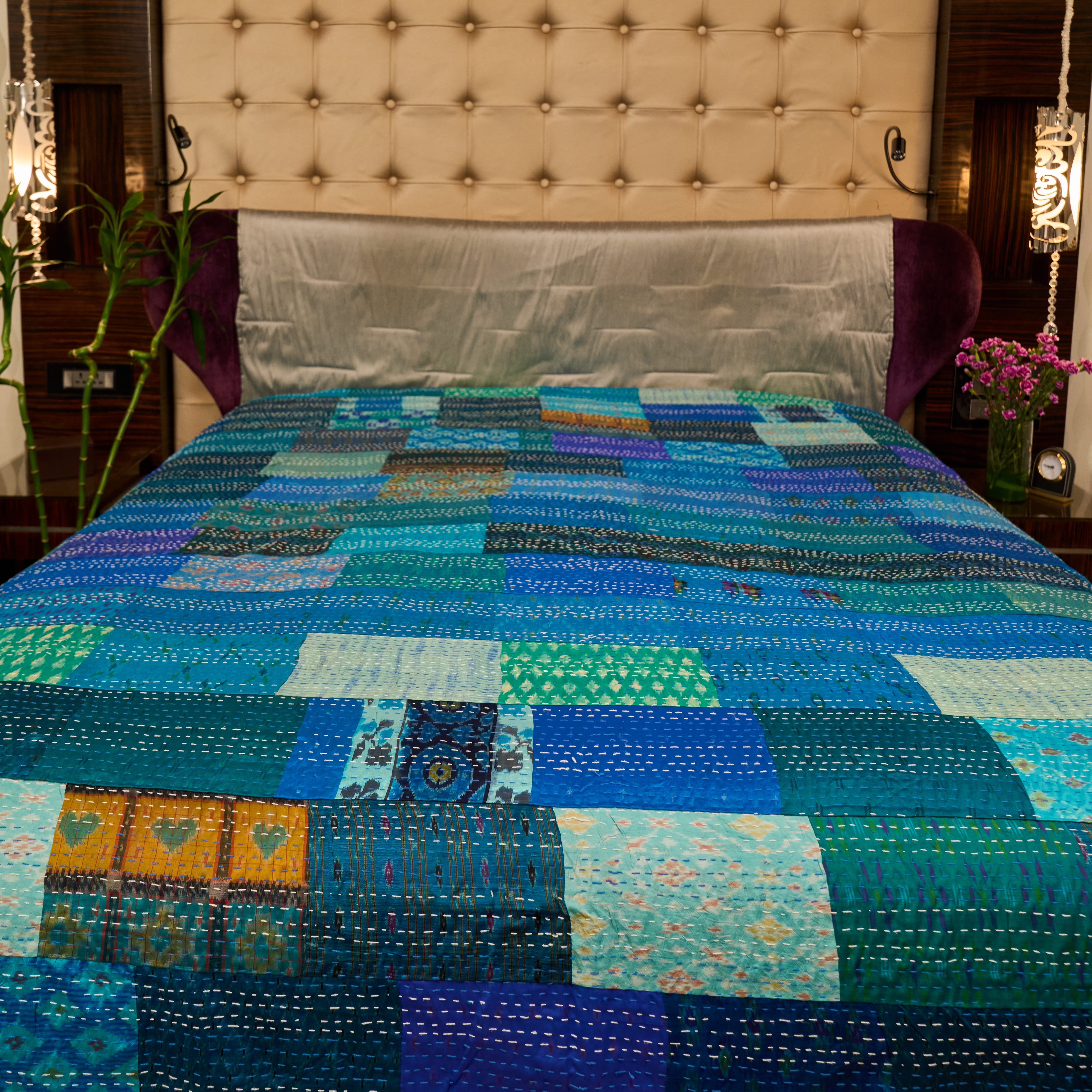 Royal Blue Vintage Patchwork Silk Kantha Quilt