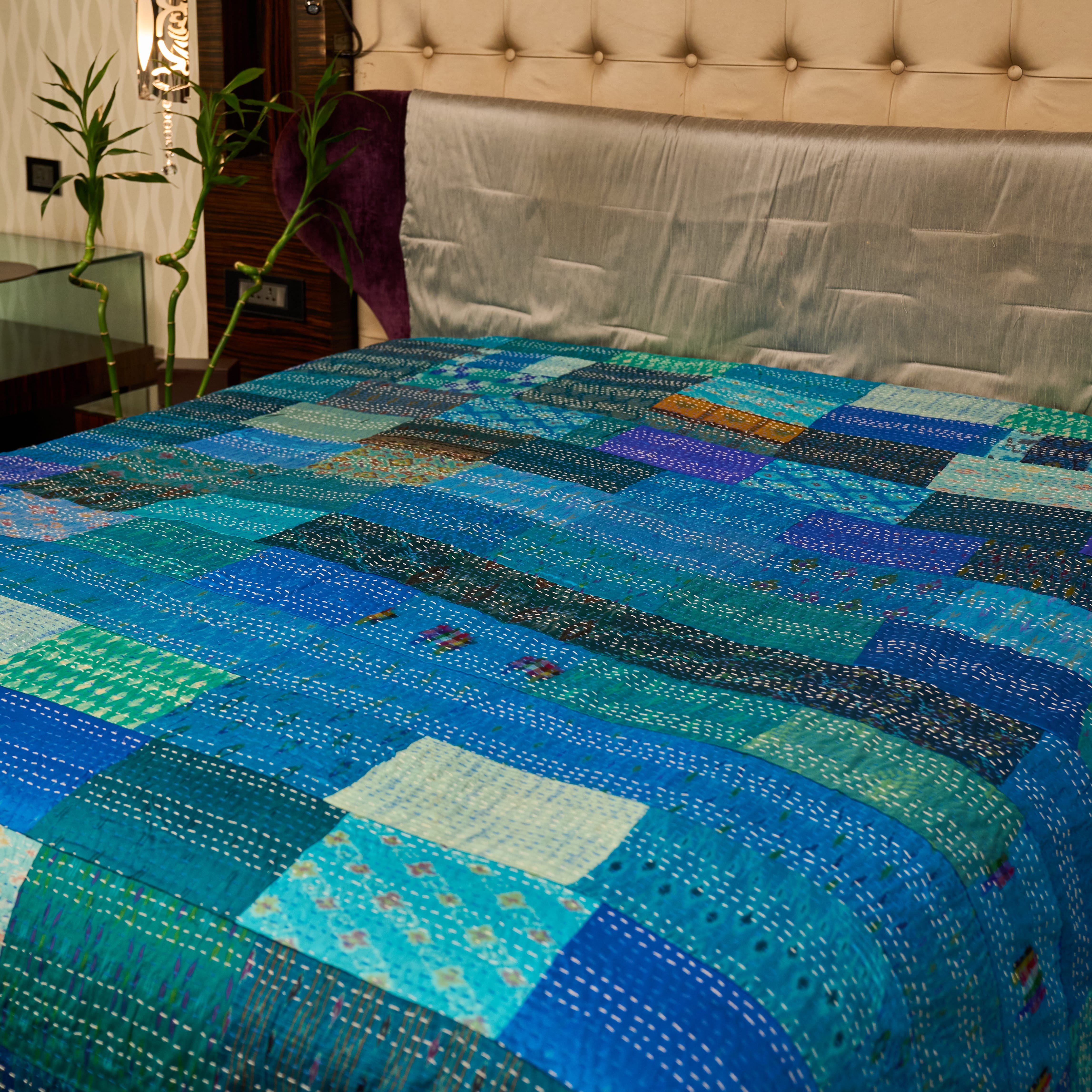 Royal Blue Vintage Patchwork Silk Kantha Quilt