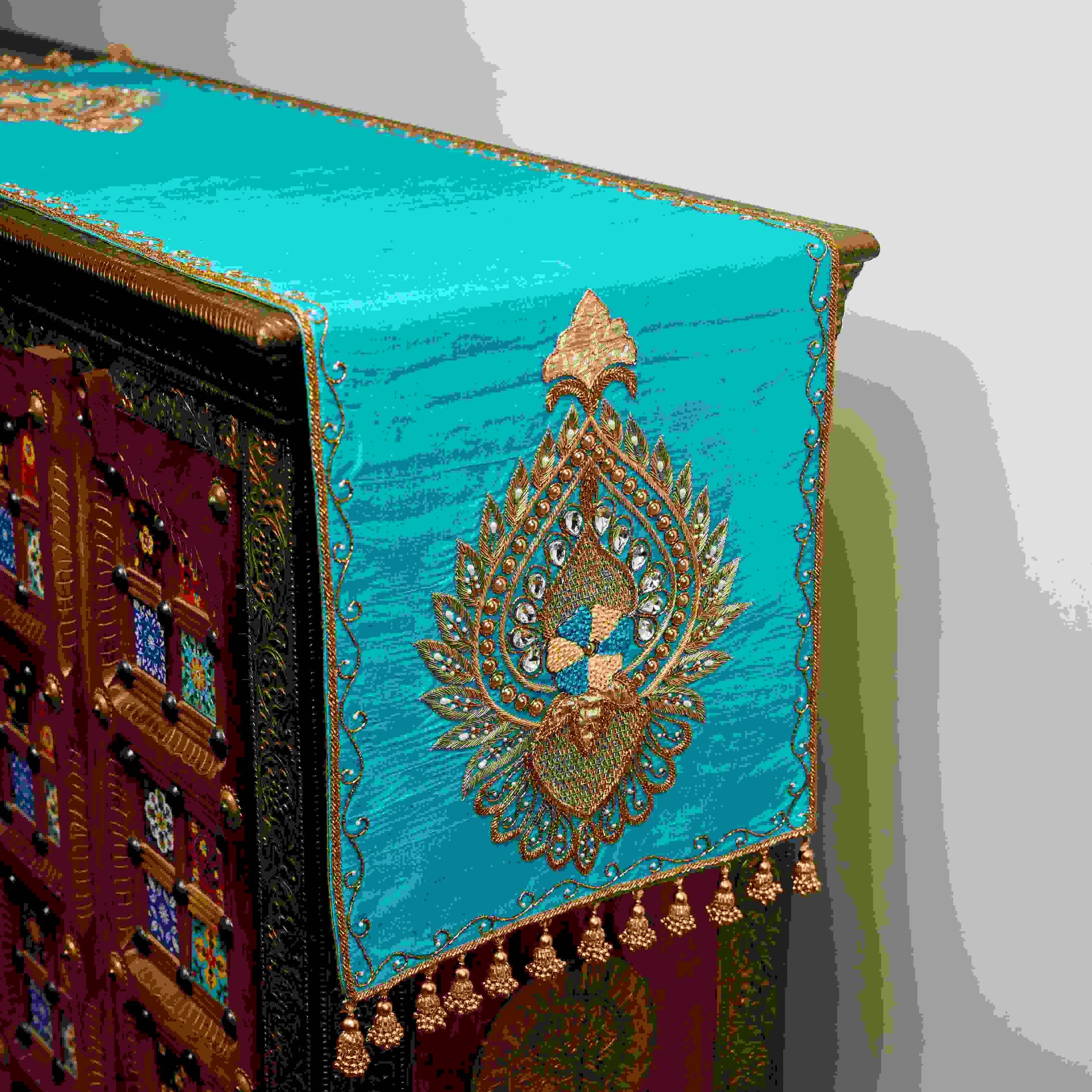 Royal Turquoise Peacock Raw Silk Runner