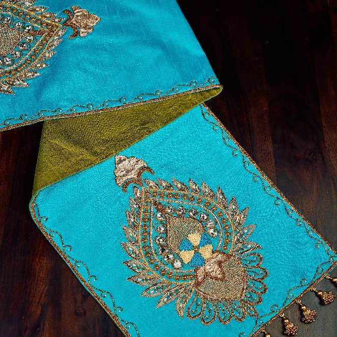 Royal Turquoise Peacock Raw Silk Runner