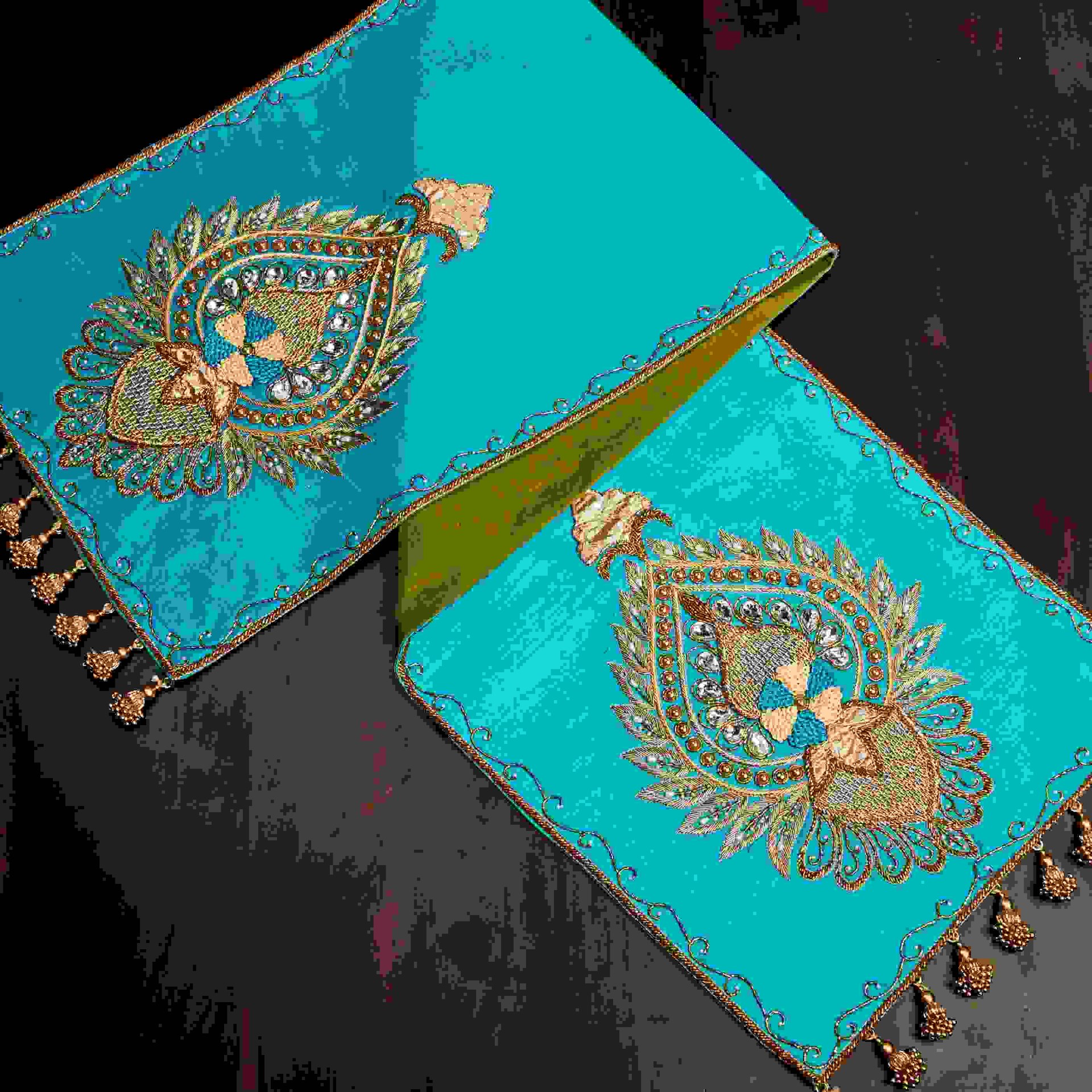 Royal Turquoise Peacock Raw Silk Runner