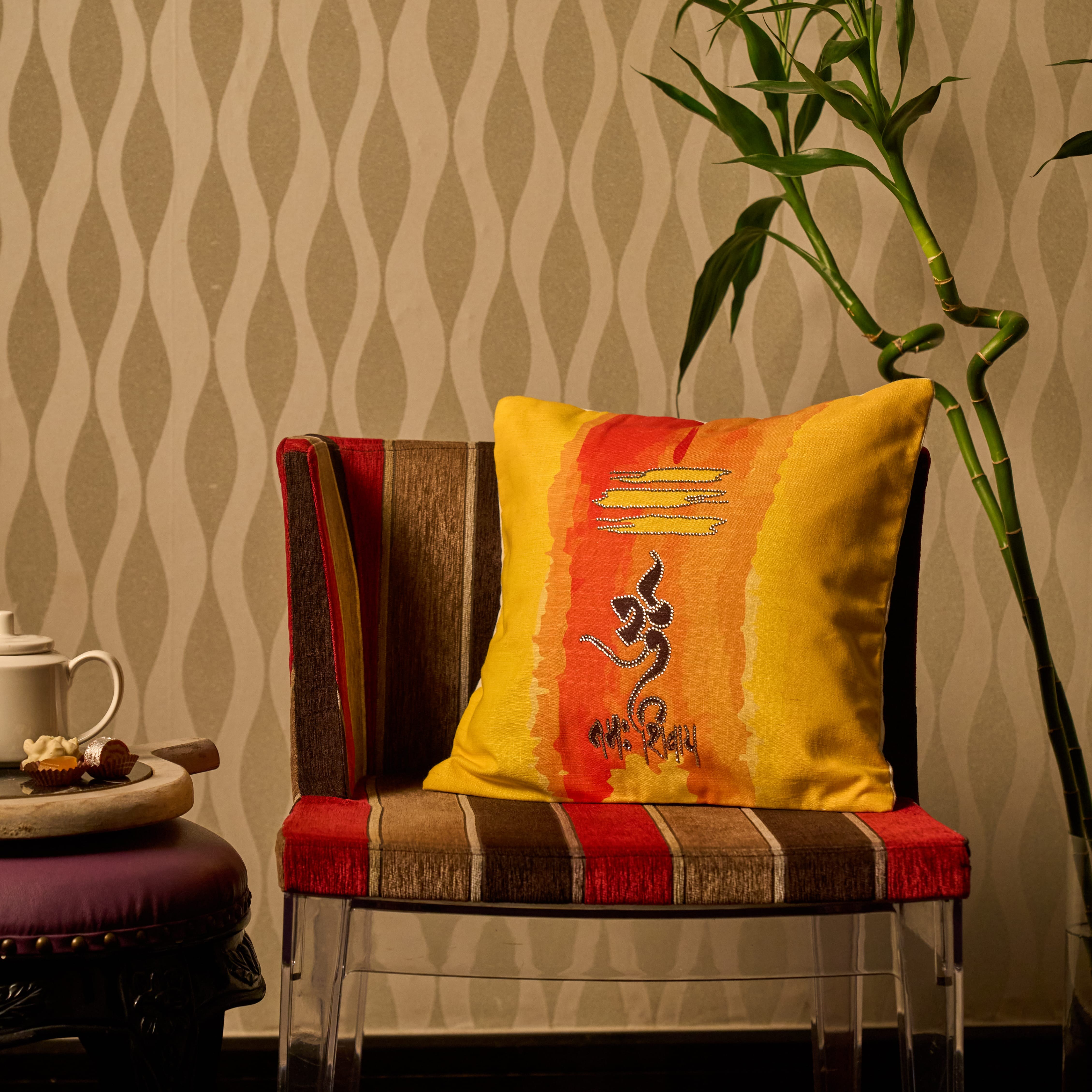 Sacred Om Namah Shivaya Embroidered Silk Cushion