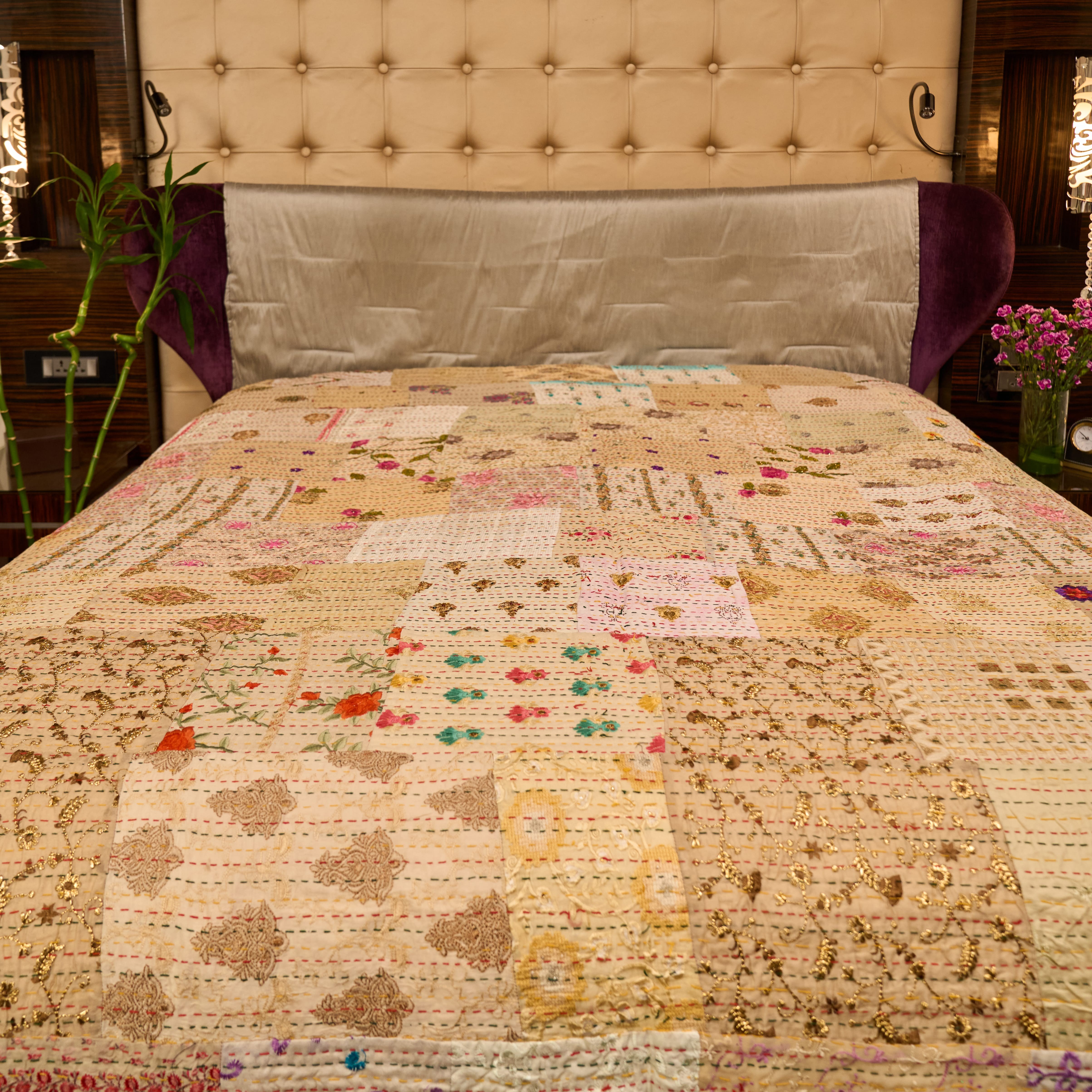 Shahi Ivory Vintage Patchwork Silk Kantha Quilt
