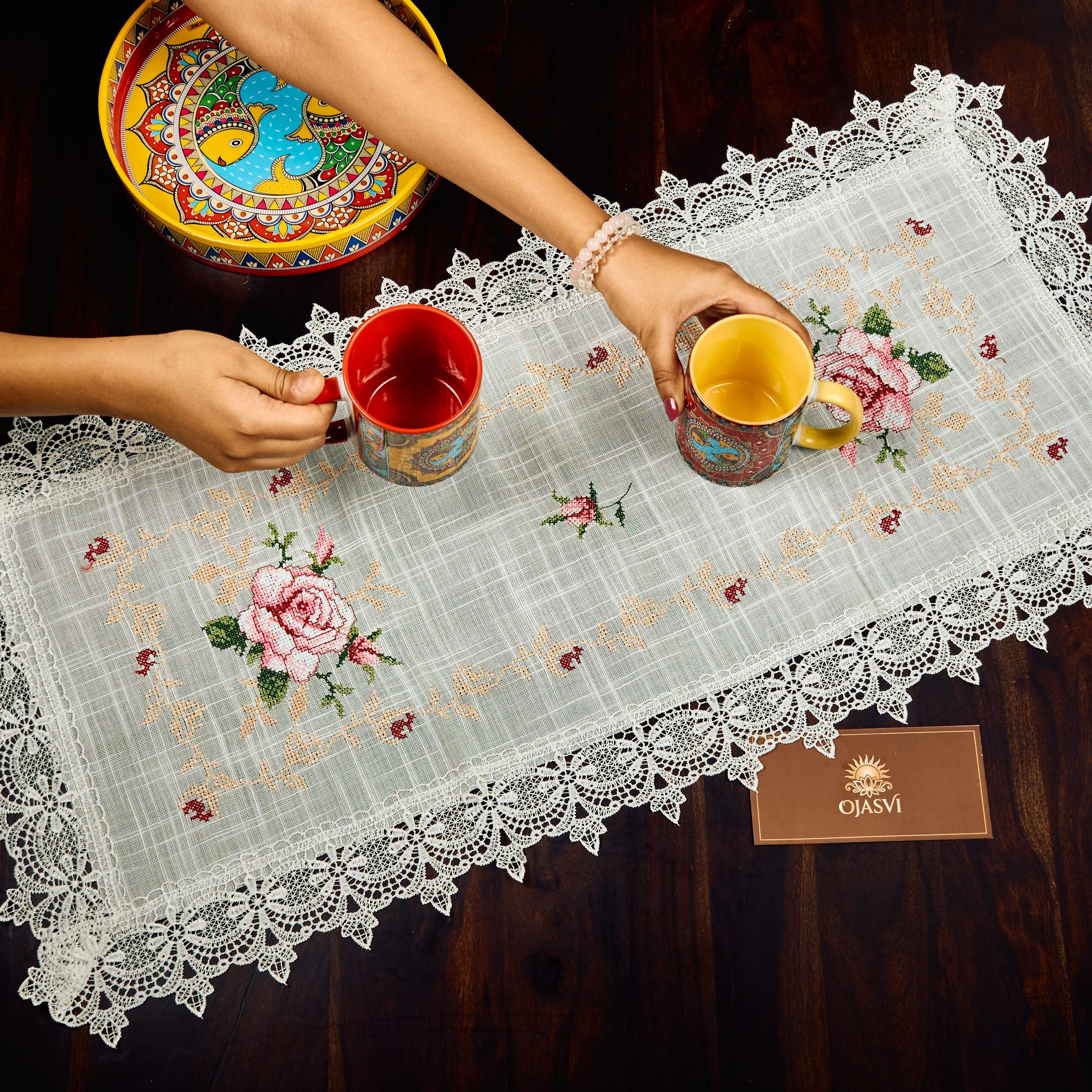 White Cross Stiches French Short Linen Runner