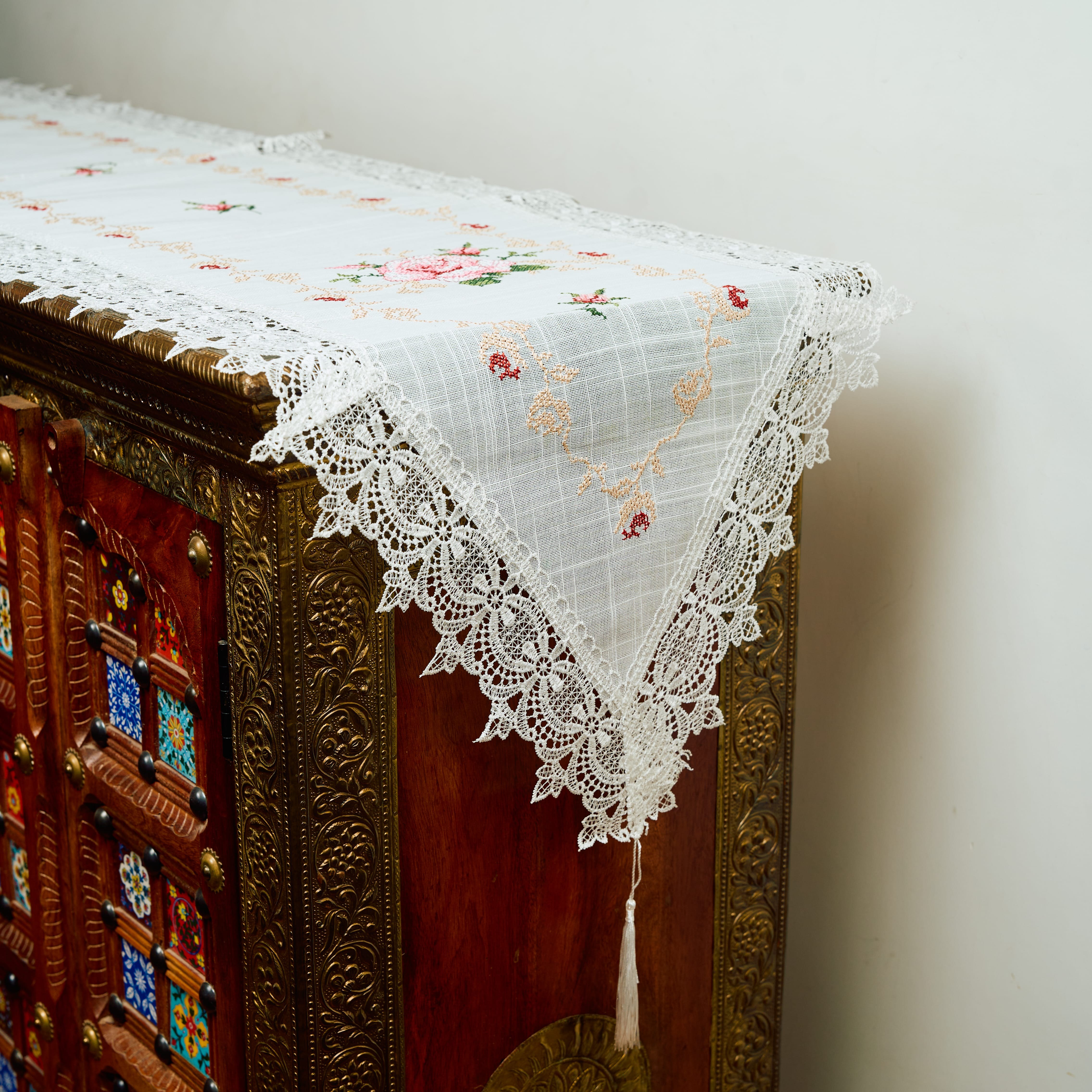 White Embroidered French Linen Long Runner