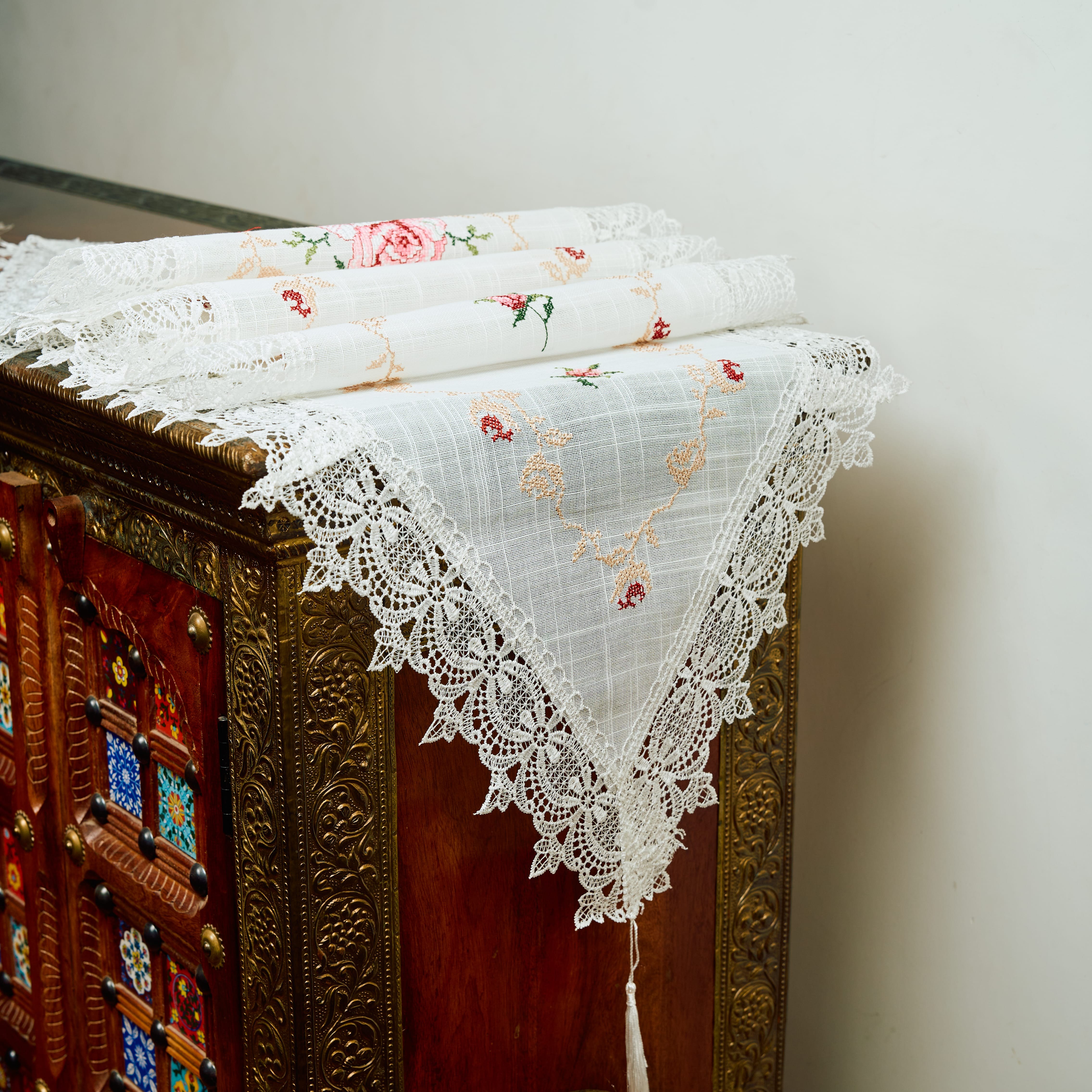 White Embroidered French Linen Long Runner