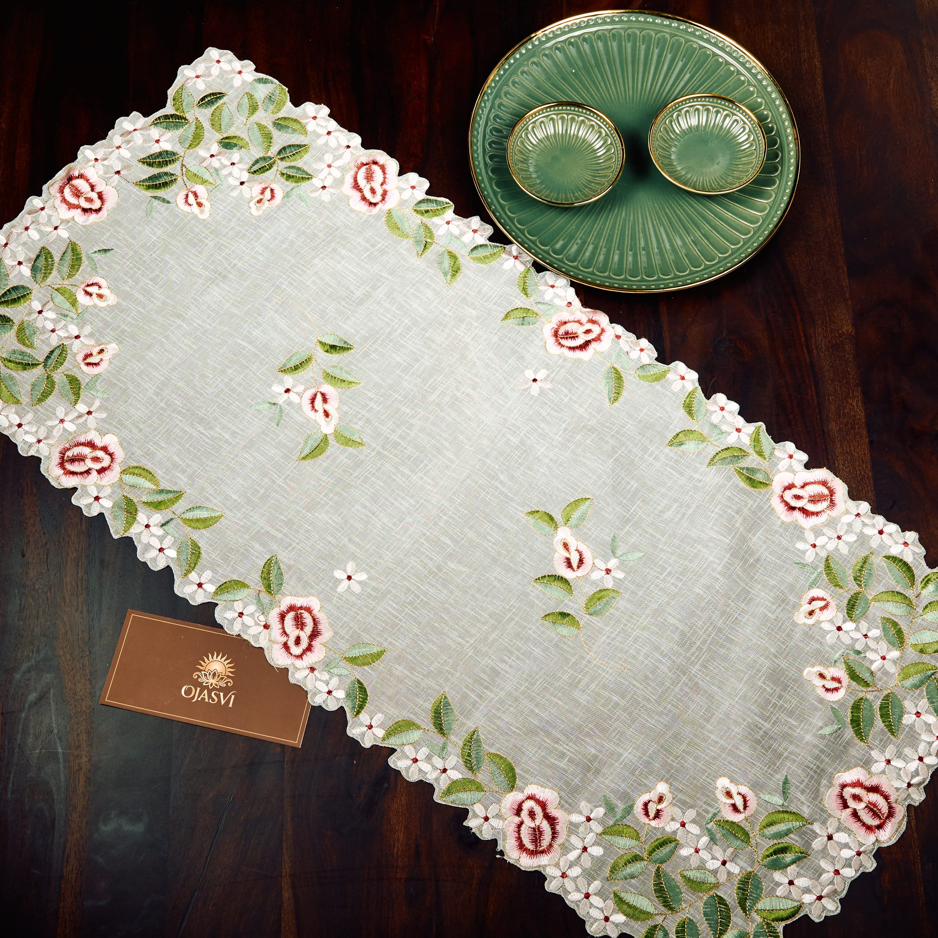 White Rose Embroidered French Short Linen Runner